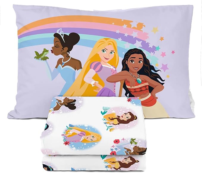 Sunny Side Up Disney Princess Twin Sheet Set - 3 Piece Kids Bedding Set Includes Pillow Cover – Super Soft Rainbow Microfiber Sheets Features Moana, Belle & Rapunzel