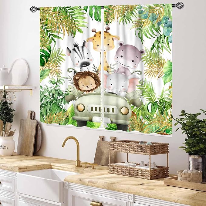 Jungle Safari Animals Curtains, Cartoon Animals Lion Giraffe Elephant Woodland Tropical Leaf Green Window Drapery for Kids Boys Girls Baby Living Room Bedroom Nursery 2 Panels, 55x39 Inch