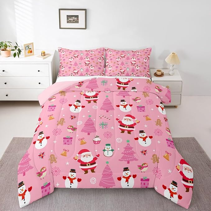 Feelyou Christmas Kids Comforter Set King Size Happy New Year Bedding Set Santa Claus Duvet Quilt for Kids Boys Girls Bedroom Merry Christmas Decor Microfiber Ultra Soft Breathable