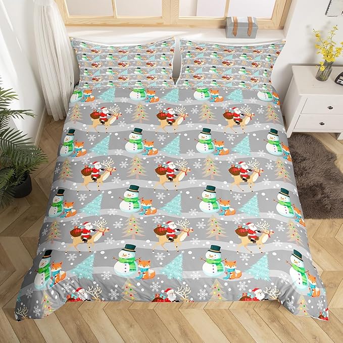 Christmas Duvet Cover Set King Size, Xmas Trees Snowman Santa Claus Comforter Cover with 2 Pillowcases, Winter Snowflake Grey Stripes Bedding Set for Kids Girls New Year Bedspread Cover,No Comforter