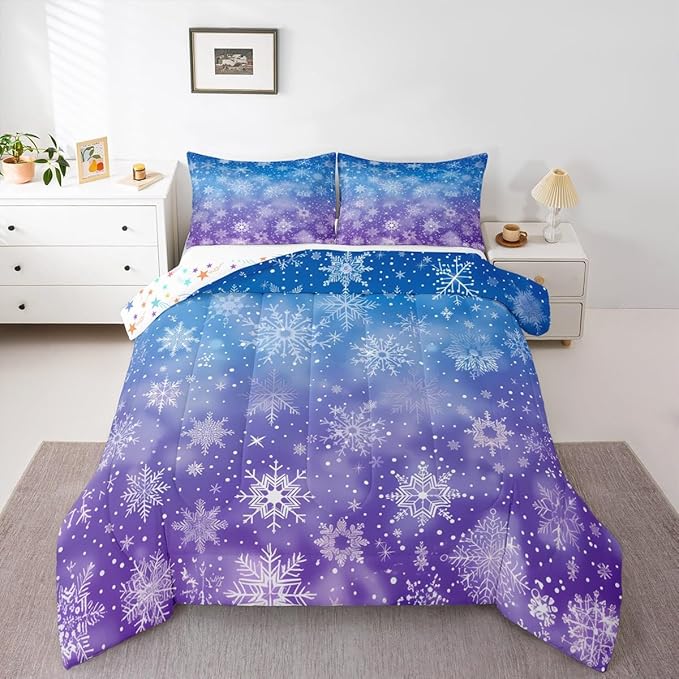 Feelyou Christmas Bedding Set Soft for Boys Girls, Winter Snowflake Comforter Set Full Size Purple Blue Gradient Duvet Quilt Microfiber Bedroom Decor 3 Pcs with 2 Pillow Cases