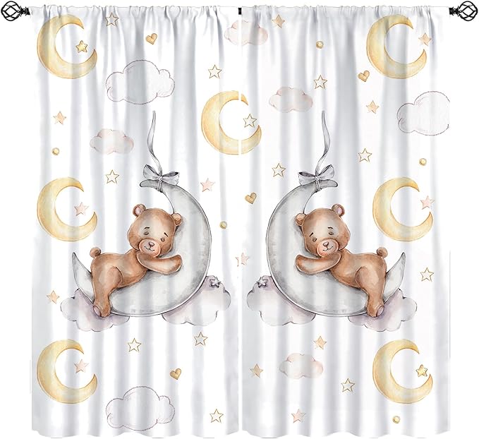 Cartoon Bear Curtains, Cartoon Watercolor Lovely Bear Moon Stars Printed Blackout Window Treatments, Rod Pocket Thermal Insulated Drapes 2 Panel Sets for Kids Bedroom Nursery Classroom, 63"W X 72"L