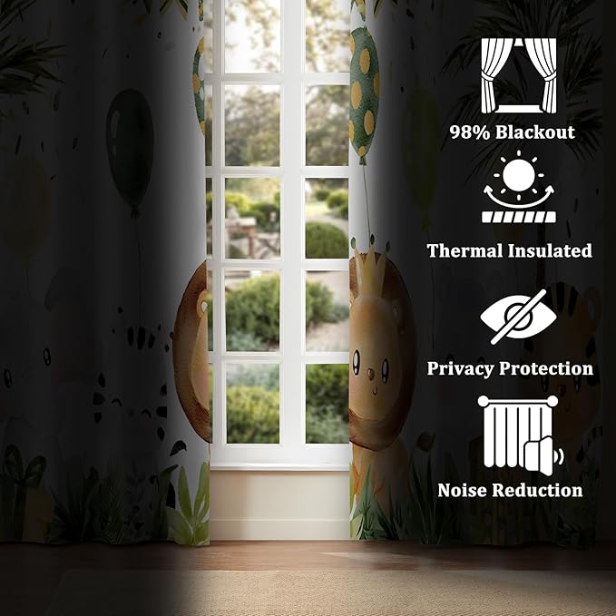 Renaiss 52 x 84 Inch Rainforest Safari Animal Curtains African Jungle Tropical Lions Tigers Elephants Giraffes Palm Trees Pattern Polyester Fabric Grommet Window Drapes for Nursery Bedroom 2 Panels