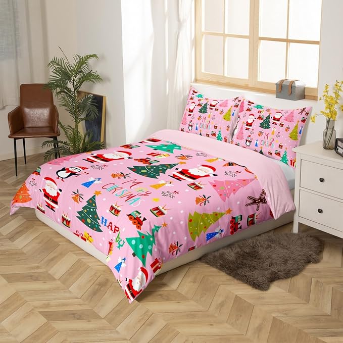 Christmas Bedding Duvet Cover Set Kids Santa Claus Xmas Theme Bedding Set Boys Girls Decor Christmas Tree Comforter Cover Set Microfiber Pink New Year Bedspread Cover Bedroom Bedclothes Twin Size