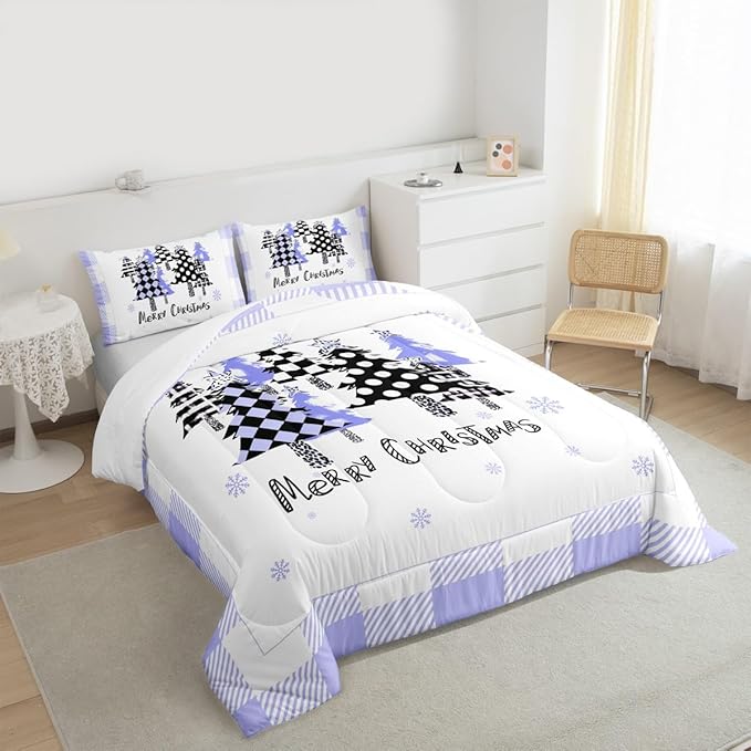 Manfei Xmas Trees Comforter Set Queen Size, Blue Plaid Grid Snowflake Bedding Set 3pcs for Kids Girls Boys Adults Room Decor, Christmas Theme Down Comforter New Year Quilt Set with 2 Pillowcases