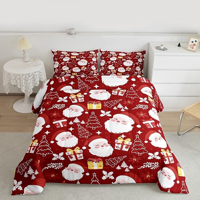 jejeloiu Santa Claus Comforter Set Queen Size Merry Christmas Bedding Set for Kids Boys Girls Xmas Themed Duvet Quilt Red Bedroom Decor