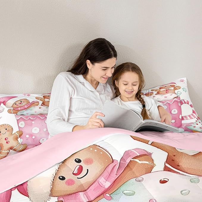 Feelyou Christmas Bedding Set Soft for Boys Girls, Pink Gingerbread Comforter Set Full Size Christmas Decor Duvet Quilt Microfiber Xmas Bedroom Decor 3 Pcs with 2 Pillow Cases