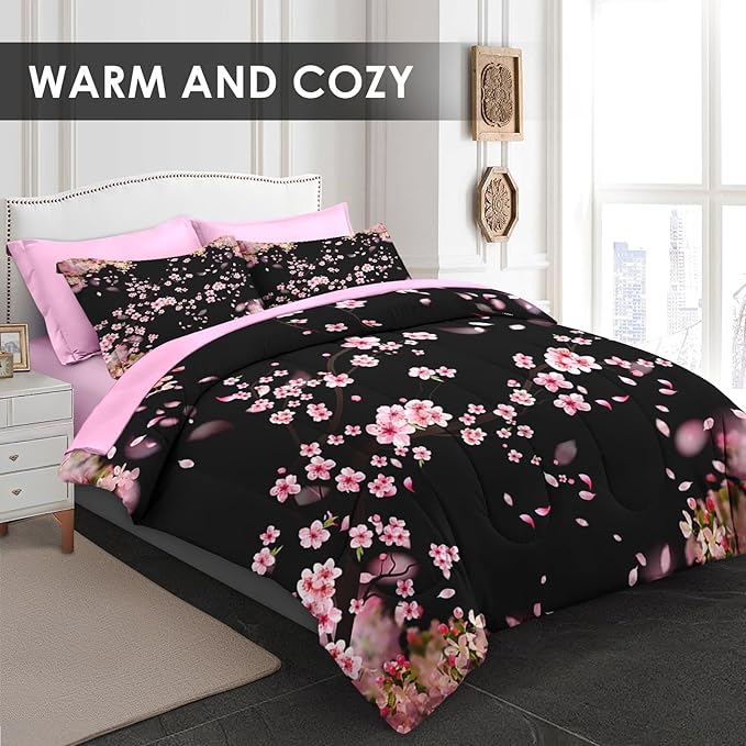 7 Pcs Queen Size Comforter Set with 2 Pillowcases & 2 Shams, Tree Flower Floral Bedding for Kids and Adults, Pink Cherry Blossom Bed in a Bag with Flat Fitted Sheet