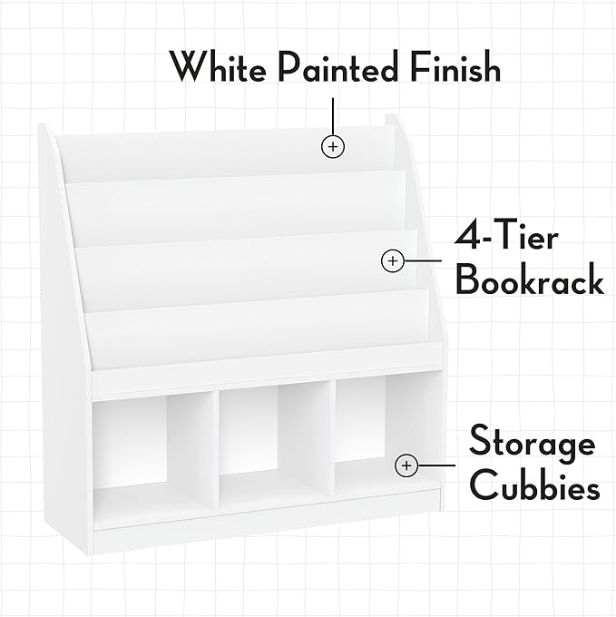 Kids Bookrack with Three Cubbies and 2 Red Bins