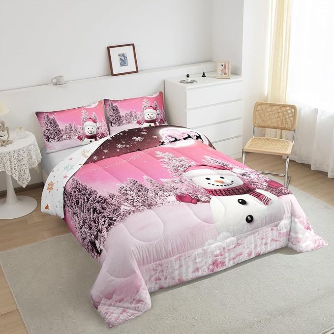 Feelyou Kids Merry Christmas Decorations King Size Comforter Set Xmas Snowman Bedding Set Girly Pink Quilt Set Soft Warm Lightweight Duvet Set
