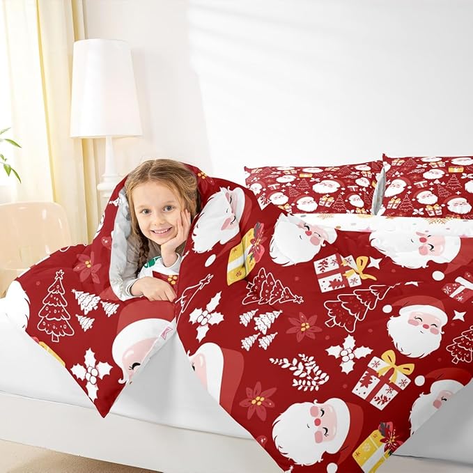 jejeloiu Santa Claus Comforter Set Twin Size Merry Christmas Bedding Set for Kids Boys Girls Xmas Themed Duvet Quilt Red Bedroom Decor