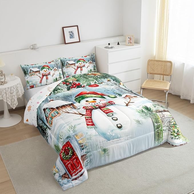 Castle Fairy Merry Christmas Comforter Set Queen Size,Watercolor Cute Snowman Pine Trees Bedding Set for Women Adult,Xmas Cartoon Decor Natural Luxury Bed Duvet Insert, 2 Pillowcases