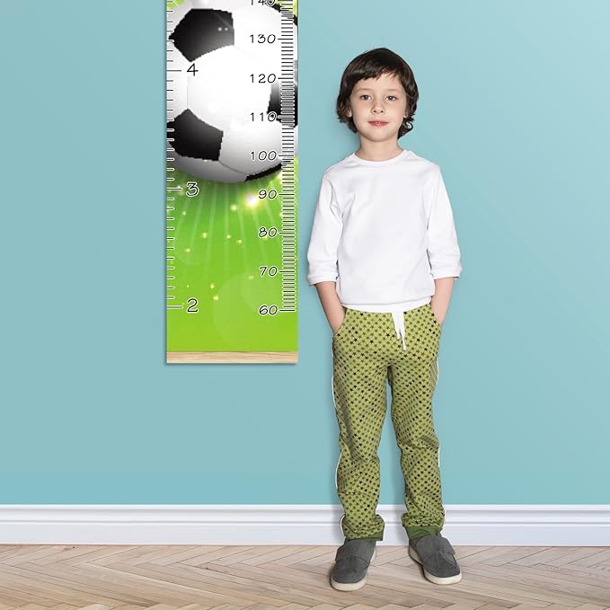 Personalized Kids Name Growth Chart Ruler for Wall Wood Frame Height Measure Chart 13.4x56 in Linen Hanging Height Growth Chart Football Soccer Kids Room Decor