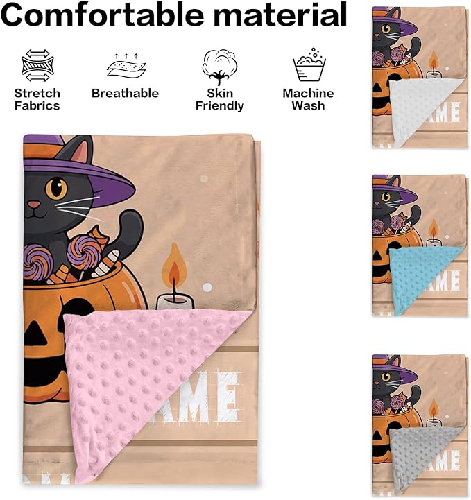 Personalized Halloween Blanket for Girls, Custom Baby Blanket with Name, Cat Pumpkin Theme Soft Minky Dot Blanket, Halloween Decor Christmas Birthday Gifts for Kids Toddlers