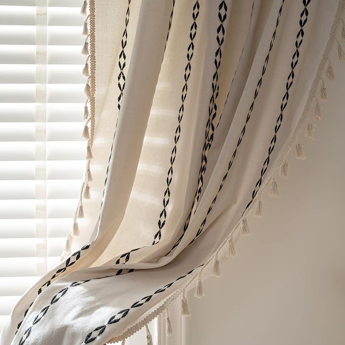 Deeprove Black and White Boho Curtains 84 inches Length for Living Room Bedroom Nursery, Vintage Chic Bohemian 84 inches Long Stripe Embroidery Farmhouse Tassel Privacy Window Decor W52 x L84, 1 Panel