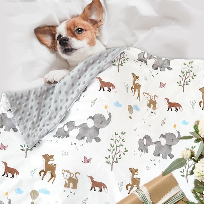 BOPRIO Baby Blankets for Unisex Boys Girls, Super Soft Nursery Minky Blankets with Woodland Animal Design and Dotted Fleece Backing, Printed Bed Throws Newborn Toddler Gift 30 x 40 Inch