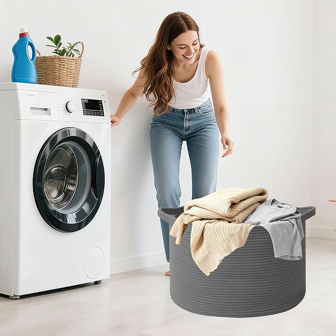 Large Blanket Basket for Organizing,65L Closet Organizers and Storage Bins Box for Shelves Woven Rope Storage Baskets,Living Room,Bedroom,Dorm,Laundry room (Dark Grey)