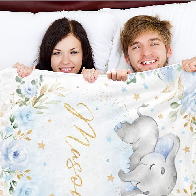 Custom Elephant Blanket with Name for Boys, Personalized Name Blanket for Teen, Soft Flannel Elephant Blankets Customized Gift for Birthday 50"x60"