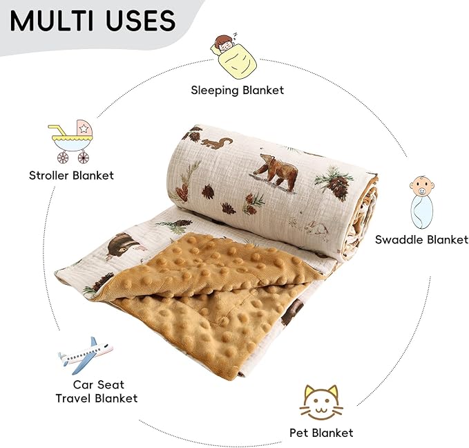 david's kids Muslin Minky Baby Blanket for Boys with Muslin Cotton Front and Dotted Fleece Backing, Breathable and Soft Lightweight Receiving Blanket for Newborns, 30x40 Inches, Woodland Animals
