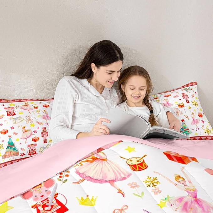 Feelyou Christmas Comforter Set All Season Ballet Nutcracker Bedding Set with 2 Pillow Cases Snowflake Kids Queen Bedclothes Bedroom Decor Duvet Quilt Breathable Soft Lightweight