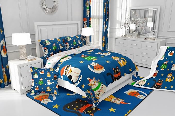 Erosebridal Merry Christmas Kids Cartoon Bedding Set King Size Cute Cat Comforter Set Xmas Tree Quilts for Teens Boys Girls Room Decor,Kawaii Animals Duvet Insert,Blue