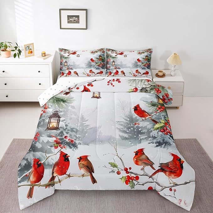 jejeloiu Kids Red Cardinal Comforter Set Queen Size Christmas Theme Bedding Set for Boys Girls Teens Xmas Birds Winter Country Woodland Animal Duvet Quilt Room Decor