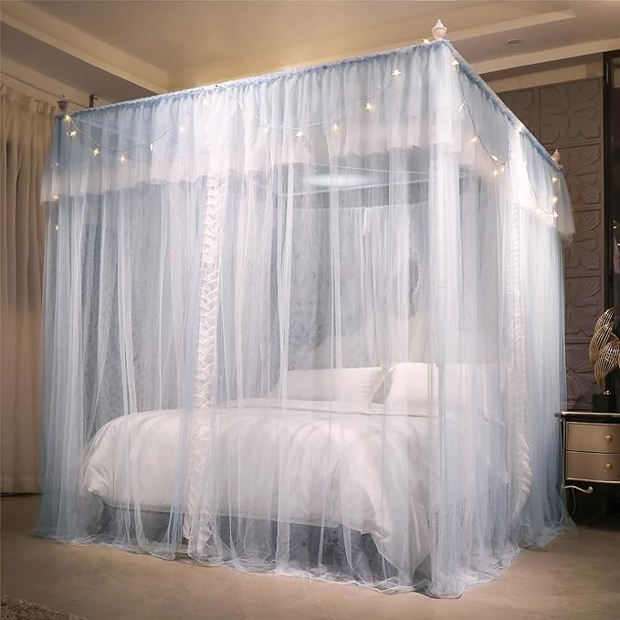 VETHIN 4 Corners Post Ruffle Princess Bed Canopy Curtain-Double Layer Cozy Drape Netting 4 Opening Mosquito Net for Girls Adults Bedroom Decoration (Gray/White,64" W*82" L*82"*H/Queen)