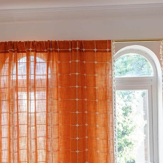 Deeprove Boho Curtains 72 Inches Long for Laundry Room Bathroom, Linen Plaids Embroidery Semi Blackout Bohemian Farmhouse Window Treatment Grids Drape Tassels, 1 Panel W52 x L72 Burnt Orange