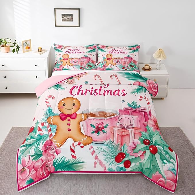 Feelyou Gingerbread Man Kids Comforter Set Twin Size Merry Christmas Bedding Set Christmas Decor Duvet Quilt for Kids Boys Girls Bedroom Xmas Decor Microfiber Ultra Soft Breathable