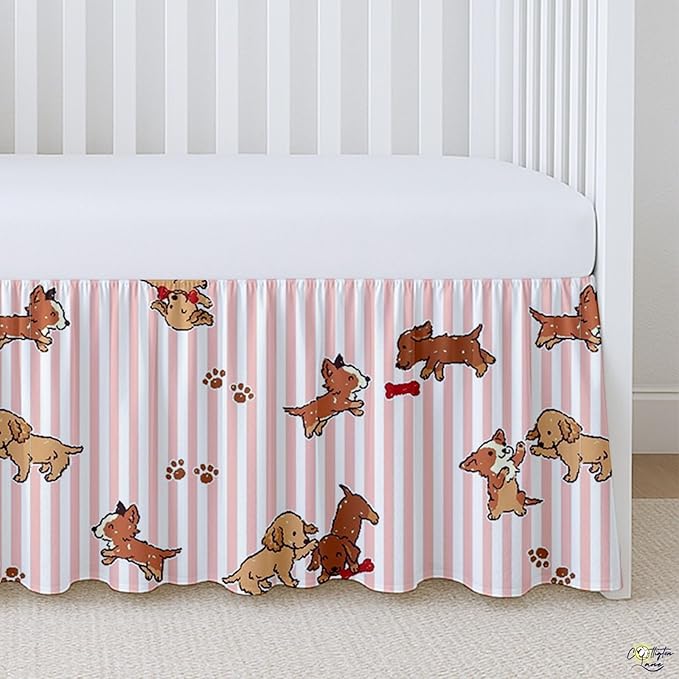 Cottington Lane Crib Skirt Dust Ruffle, 100% Natural Cotton, Soft, Durable Nursery Crib Toddler Bedding Skirt for Baby Girls or Boys, Fits Standard Cribs 28" x 52" with 14" Drop, Puppy Love