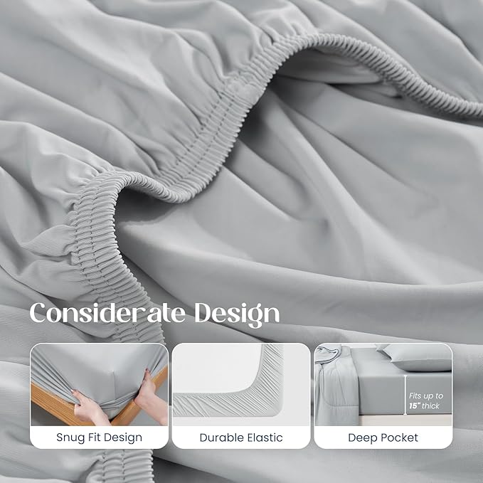 Dream Valley® Twin Sheets Set, Cooling Fitted Sheet with 1 Pillowcase-2 PCS with No Flat Sheet,Q-Max > 0.4 Aerocool, Cooling for Night Sweats, Hot Sleepers,deep Pocket up to 15",Cool Grey