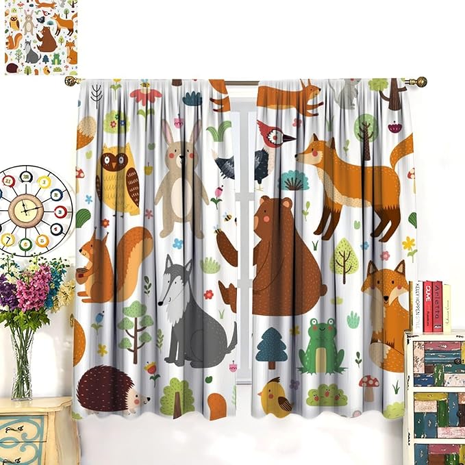 Kids Safari Animals Curtains, Baby Boy Girl Rustic Woodland Printed Cartoon Forest Window Treatments for Bedroom Living Room Nursery 2 Panels Sets, 42x54 Inch