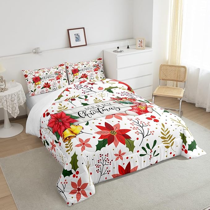 Castle Fairy Merry Christmas Comforter Set King Size,Red Xmas Flowers Berry Leaves Plant Bedding Set All Season Quilt Set,Floral Themed Bell Socks Print Microfiber Polyester Down Comforter