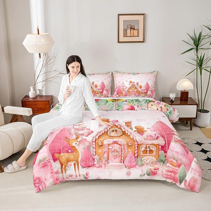 jejeloiu Kids Christmas Theme Comforter Set Queen Size Cute Deer Gingerbread Man Bedding Set for Boys Girls Teens Pink Xmas Tree Candy House Winter Snowflake Duvet Quilt Room Decor