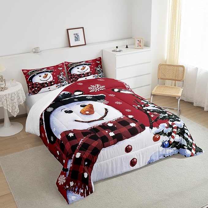 Feelyou Kids Christmas Theme Decorations Bedding Set Xmas Snowman Comforter Set for Boys Girls Snowflake Kawaii Cute Comforter Red Quilt Set Bedroom Collection Twin Size