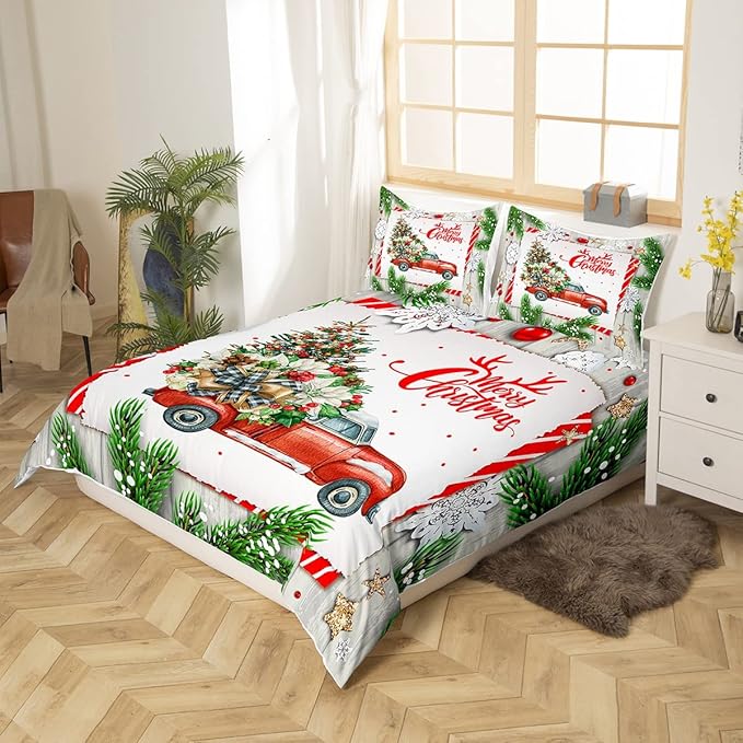 Christmas Kids Bedding Set Christmas Tree Racing Car Duvet Cover for Boys Children Teens Bedroom Decor Snowflake Xmas Theme Comforter Cover Set New Year Bedspread Cover Toddler Size With 1 Pillow Case