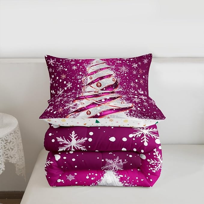 Feelyou Merry Christmas Bedding Set Soft for Boys Girls, Christmas Tree Comforter Set King Size Snowflake Duvet Quilt Microfiber Winter Bedroom Decor 3 Pcs with 2 Pillow Cases