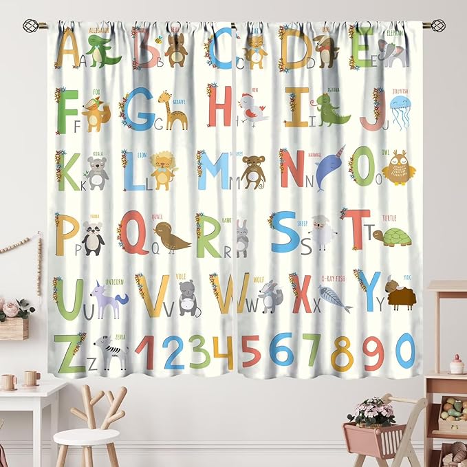 Kids Alphabet Curtains Funny Letter Education Cute Cartoon Animal Printed Curtain with Rod Pocket for Bedroom Living Room Home Decor Drapes Window Treatments 2 Panels Set 42" W X 45" L