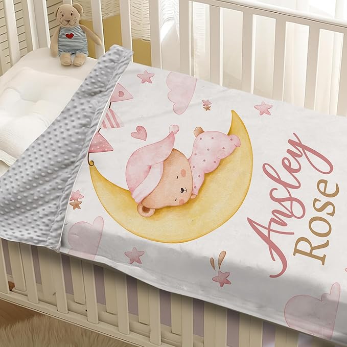 Personalized Baby Blanket for Girls, Custom Name Blanket for Newborn Toddler, Soft Flannel with Double Layer Dotted Backing, Gifts for Baby Shower Christmas Birthday, Pink Moon Bear(47" x60)