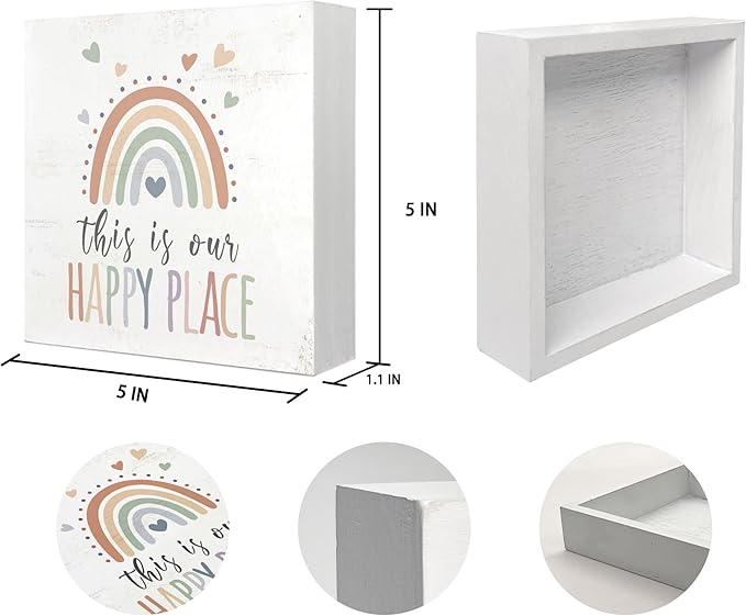Mtrgdn Boho Rainbow Classroom Desk Decor,This Is Our Happy Place Wooden Box Sign for Nursery Playroom Classroom Homeschool Library Kids Room Desk Shelf Decoration,5x5 Inch