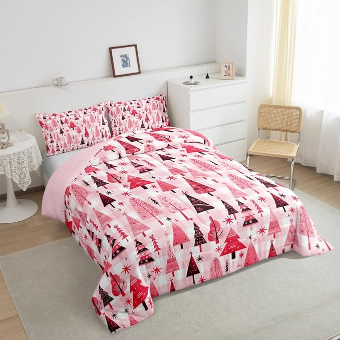 Manfei Cartoon Tree Comforter Set Queen Size, Christmas Theme Bedding Set 3pcs for Kids Girls Adults Bedroom Decor, New Year Pink Plaid Down Comforter Soft Polyester Quilt Set with 2 Pillowcases