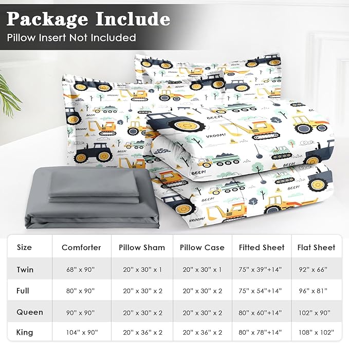 7 Pcs Full Size Comforter Set with 2 Pillowcases & 2 Shams, Tractor Bedding for Kids and Adults, Construction Truck Bedding Set with Flat & Fitted Sheet
