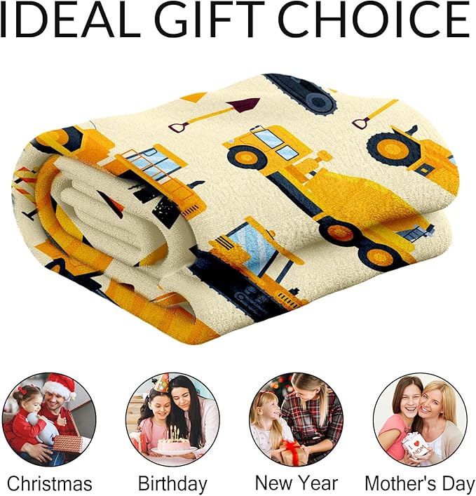 Personalized Construction Blanket for Kids - 30" x 40" Inches Cute Throw Blanket for Boys - Yellow Lightweight Furry Throw for Lap, Couch, Office