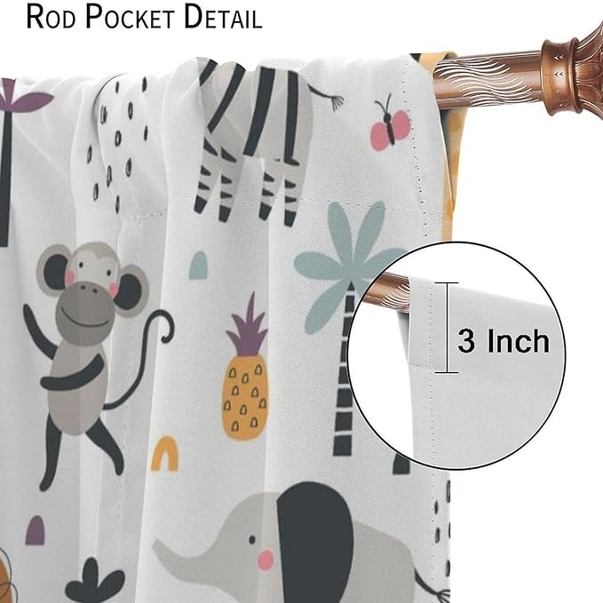 Cute Cartoon Animals Curtains Tropical Jungle Animals Elephant Giraffe Monkey Lion Modern Abstract Aesthetics for Kids Boys Bedroom Nursery Rod Pocket Decoration Window Drapes 2 Panels W26xL84in