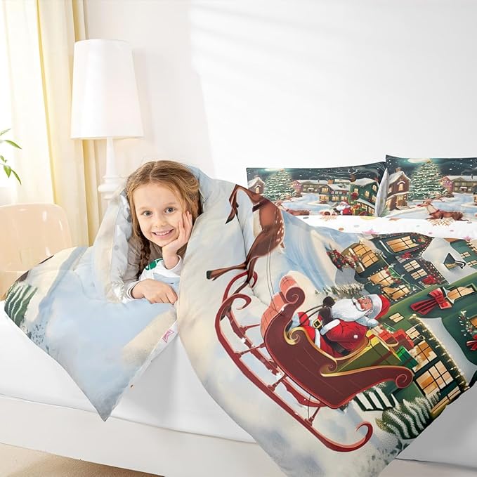 Feelyou Christmas Kids Comforter Set Queen Size Santa Claus Bedding Set Reindeer Sled Duvet Quilt for Kids Boys Girls Bedroom Xmas Tree Decor Microfiber Ultra Soft Breathable