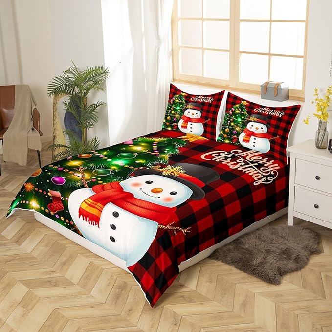 Manfei Christmas Duvet Cover Set Full Size, Snowman Christmas Tree Comforter Cover with 2 Pillowcases, Red Plaid Grid Print Bedding Set 3pcs for Kids Boys Girls Room Decor,No Comforter