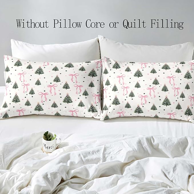 LUVIVIHOME 2PCS Pink Bow Christmas Tree Duvet Cover Twin Bedding Sets, White Duvet Cover, Teen Girls Bedding, Winter Holiday Christmas Comforter Cover, Coquette Room Decor Aesthetic, 1 Pillow Sham
