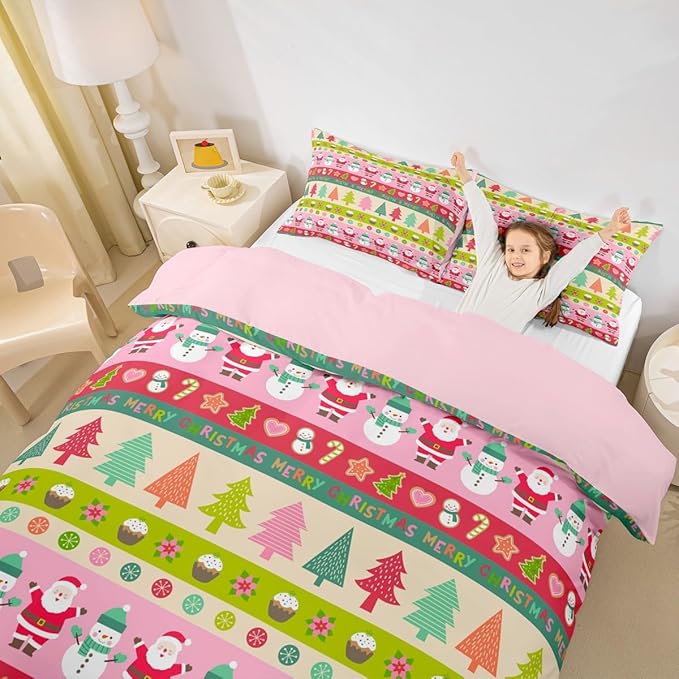 Feelyou Cartoon Christmas Bedding Set for Kids Boys Girls Santa Claus Snowman Comforter Cover Pink Xmas Theme Duvet Bedroom Decor Tree Bedspread Full Size Collection 3Pcs