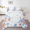 jejeloiu Kids Christmas Theme Comforter Set Toddler Blue Xmas Gingerbread Man Bedding Set for Boys Girls Teens Candy House Snowflake Winter Happy New Year Duvet Quilt Room Decor
