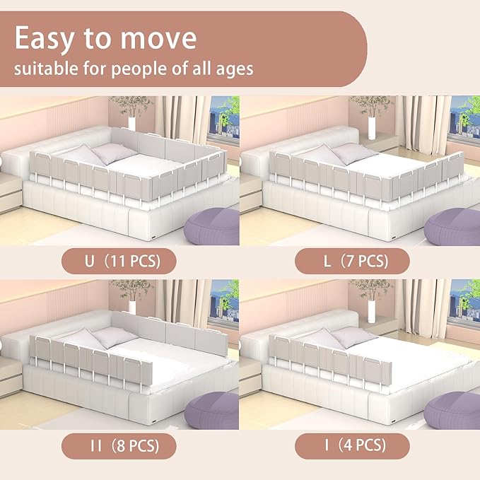 Bed Rail, Bed Rail for Toddlers, Kid, Adult, 78.7" Bed Side Rails for Full, Queen, King, Twin, Bunk, Dorm Beds to Prevent Falls, Bed Rails Can be Flexibly Combined, Easy Installation (Gray, 4 Packs)